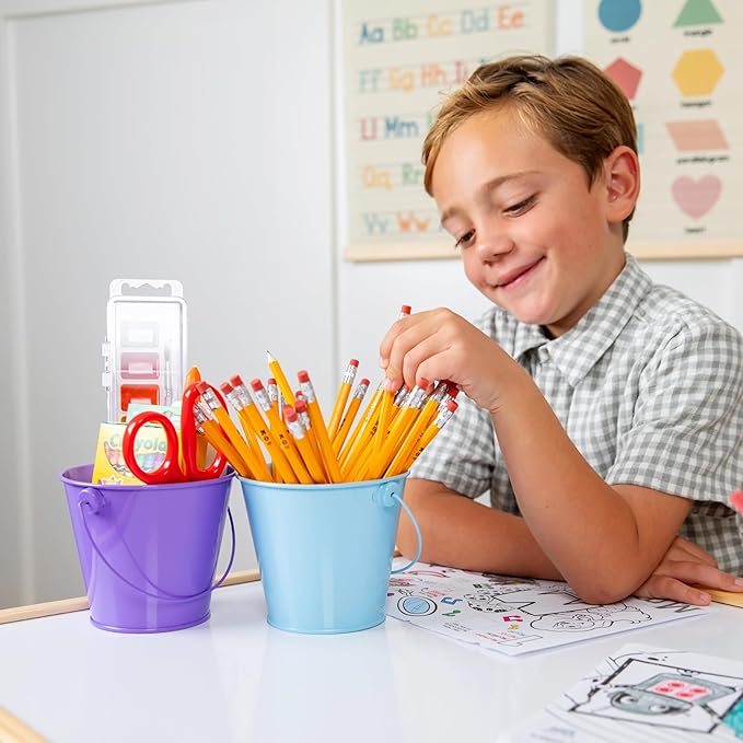 Small Metal Buckets with Handles - Leak-Proof Metal Pail Bucket - Galvanized Bucket with Handle - Multipurpose Tin Bucket for Party Favors, Organization, School, Weddings, Garden - Set of 6, Purple