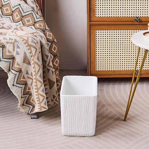 White Marble Wave Carved Small Bathroom Trash Can 2.5 Gallon(9 Liter), Resin Heavy Sturdy Small Kitchen Garbage Can,Living Room Bedroom Trash Can, Decorative Wastebasket for Home, Garden, Office