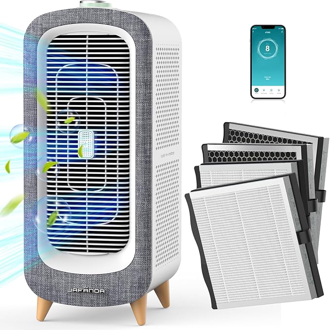 Jafända Air Purifier JF500 with 4 HEPA 13 Activated Carbon Filters Up to 2105ft², Smart Air Cleaner 22dB Sleep Mode for Home Bedroom Large Room Pets Smokers, Removes 99.97% Mold Odor Dander Allergies