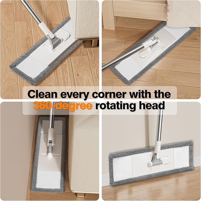 Microfiber Dust Mop,Flat Floor Mops with 4 Washable Pads and Squeegee Broom Set for Wet & Dry Floor Cleaning - 360° Rotating Adjustable Handle Sweeper Mop for Hardwood Floors,Laminate,Tile,Vinyl