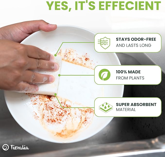 Tieralia Natural Dish Sponge Set – 12-Pack Eco-Friendly & Compostable Scrubbers | Cellulose & Sisal | Non-Toxic, Odor-Free, Reusable Kitchen Sponges for Dishes, Sink, Pots & Pans