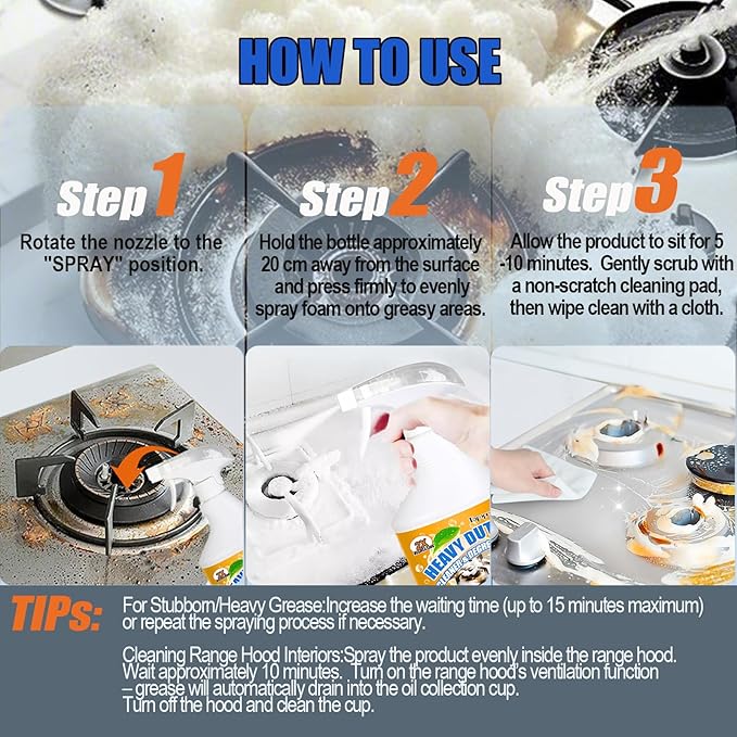 16.9 FL OZ Heavy Duty Kitchen Foam Cleaner - Multipurpose Degreaser Spray to Clean Up Kitchen Oil Stains, Grease & Burnt Residue on Pots, Pans, Ovens, Surfaces - Dual-Spray Nozzle, No-Rinse Formula