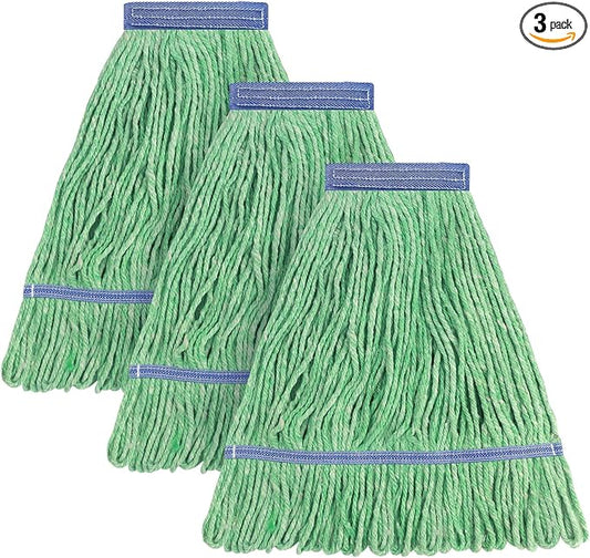 Matthew Cleaning Heavy Duty Mop Head Commercial Replacement for General and Floor Cleaning , Wet Industrial Blue Cotton Looped End String Head Refill (Pack of 3) Green
