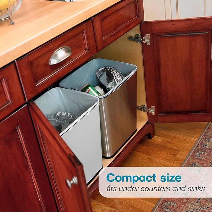 Polder 7 Gallon, Undersink, No Skid Rubber Base, Brushed Stainless Finish Trash Can, 13.5” x 11” x 15.25”H