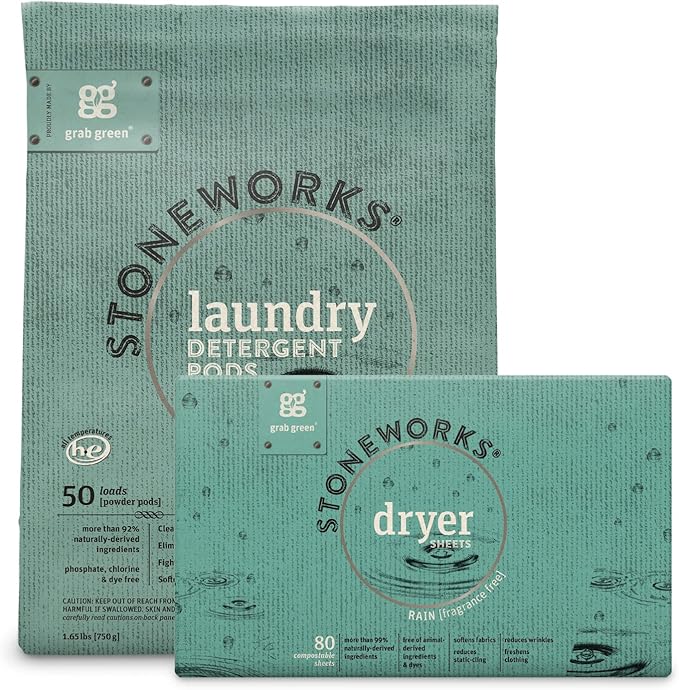 Grab Green Stoneworks Laundry Detergent Pods and Dryer Sheet Bundle, 50 Count Pods and 80 Dryer Sheets, Fragrance Free Rain Scent, Plant and Mineral Based Laundry Care Set