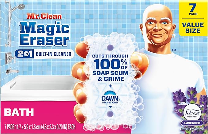 Mr. Clean Magic Eraser Sponge, Bathroom Cleaner, Soap Scum Shower & Tub Cleaner, 2 in 1 Bath, 7ct
