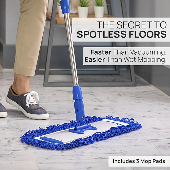 18” Pro Microfiber Hardwood Floor Mop - Cleans Floor in Seconds | Dust & Wet Mopping | Hardwood, Tile, Laminate & Vinyl with 3 Washable Pads, No Buckets Needed with Deluxe Household Mop