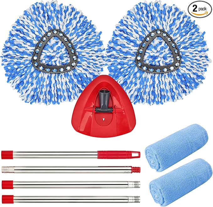 Matthew Spin Mop Replacement Kit - 2 Refill Heads, 30-58in Handle & Base Combo Set (Blue, 1-Tank System)