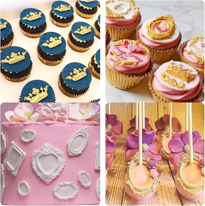 Crown Silicone Molds, Vintage Photo Frame Gem Chocolate Baking Molds, Cake Decoration Fondant Molds for Cupcake Topper Candy Gum Paste DIY Craft Clay Resin Set of 4