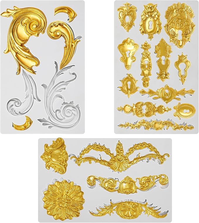 3Pcs Baroque Embossed Cake Decorating Mold, Silicone Flower Fondant Molds Cake Border Fondant Molds for Chocolate Candy Mousse Butter Biscuit Marzipan Sugar Craft Cakes 7.7 * 4.7 * 0.35 Inch