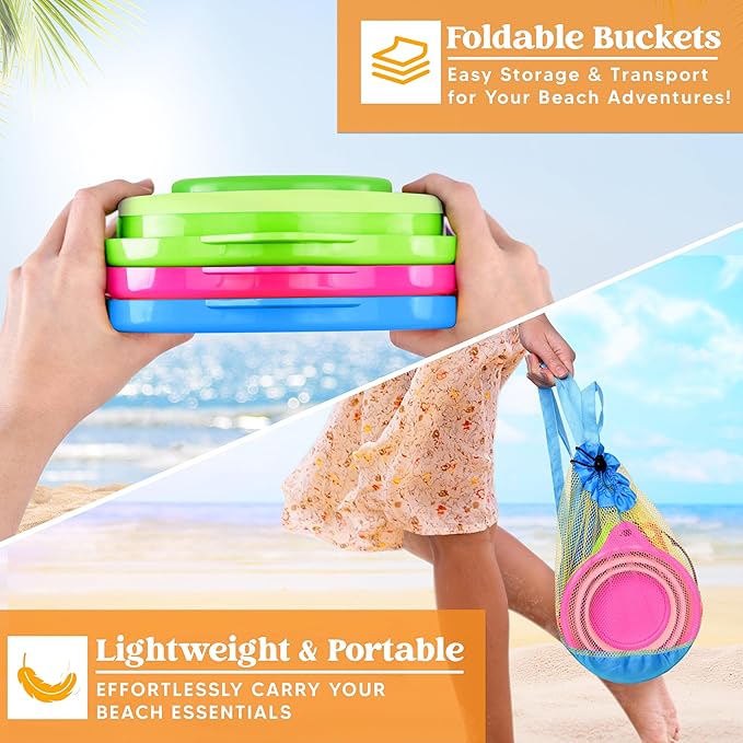 JOYIN 3 Packs Foldable Pail Bucket with Shovels & Mesh Bag, Collapsible Buckets Multi Purpose for Beach, Camping Gear, Beach Party, Fishing, and Fun Summer Activities (Blue/Pink/Green)