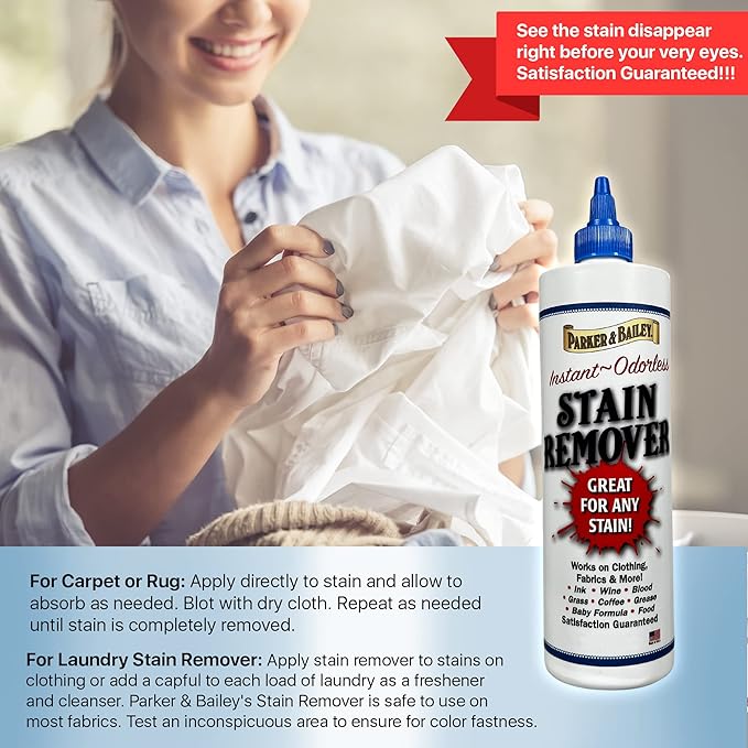Parker & Bailey Liquid Stain Remover - Instant Stain Removal on Laundry Clothing Fabric Ink Grease Blood Grass Coffee Wine Food Carpet Upholstery Spot Cleaner Odor Free Detergent Booster, 8oz