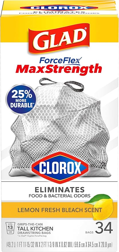 Glad ForceFlex MaxStrength with Clorox Tall Kitchen Trash Bags, 13 Gal, 34 Ct (Package May Vary)