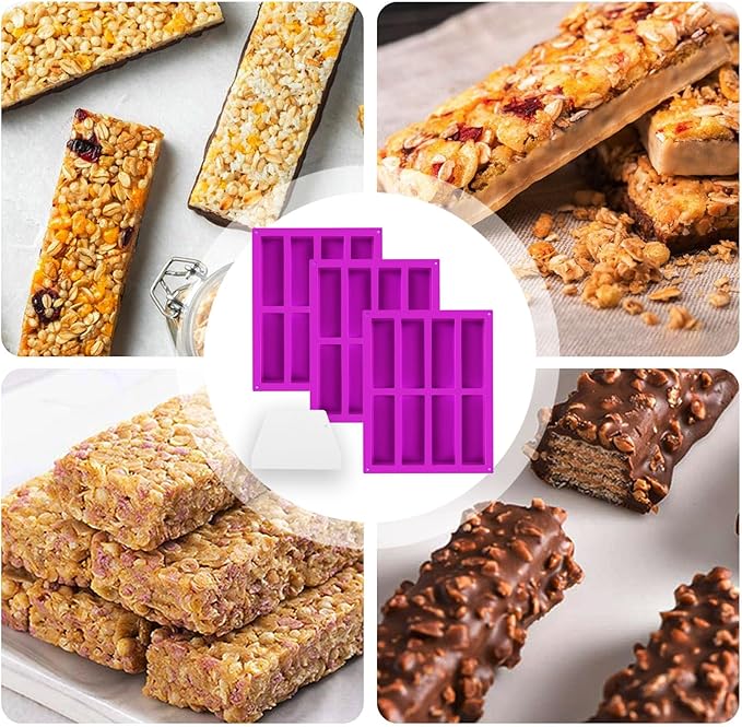 3 Pack 8-Cavity Silicone Granola Bar Molds, Rectangle Protein Bar Mold Silicone Baking Molds for Baking Chocolate Bar, Cereal Bar, Cheesecake, Brownies, Energy Bars, Candy Bar