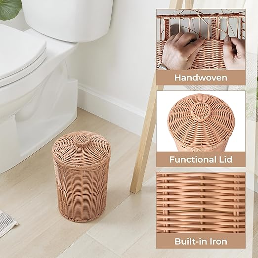 GRANNY SAYS Wicker Small Bathroom Trash Can with Lid, 2 Gallon Cute Decorative Waste Basket for Bedroom and Dorm, Office Garbage Cans for Under Desk, Mini Round Trash Bin for Decor, Nude Color