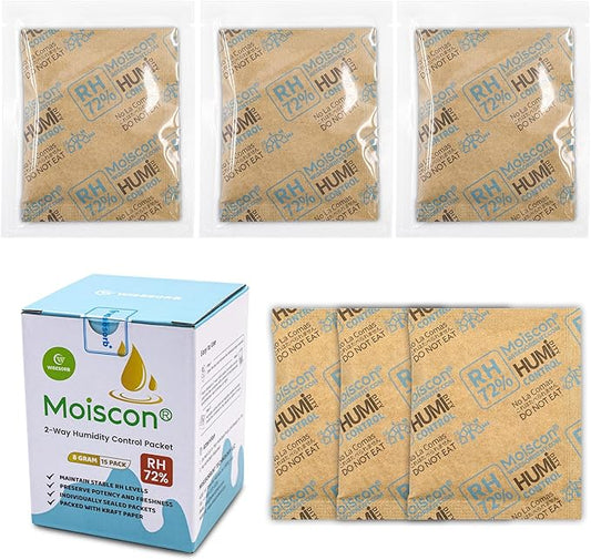 72% Two-Way Humidity Control Packs- 8 Gram Moisture Absorbers for Herbs, Wood Humidifier Boxes - Natural Craft Paper Design, Individually Sealed Packets, Prevents Leaks [60 Pack]