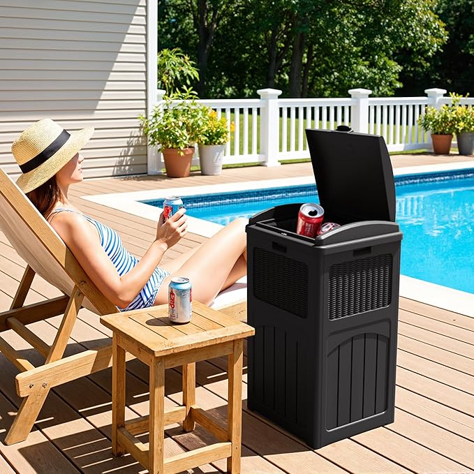 Greesum 33 Gallon Outdoor Trash Can with Lid (2-Pack), Heavy Duty Resin Garbage Bin, Waterproof & UV Resistant for Patio, Garden, Deck, Yard, Dark Black