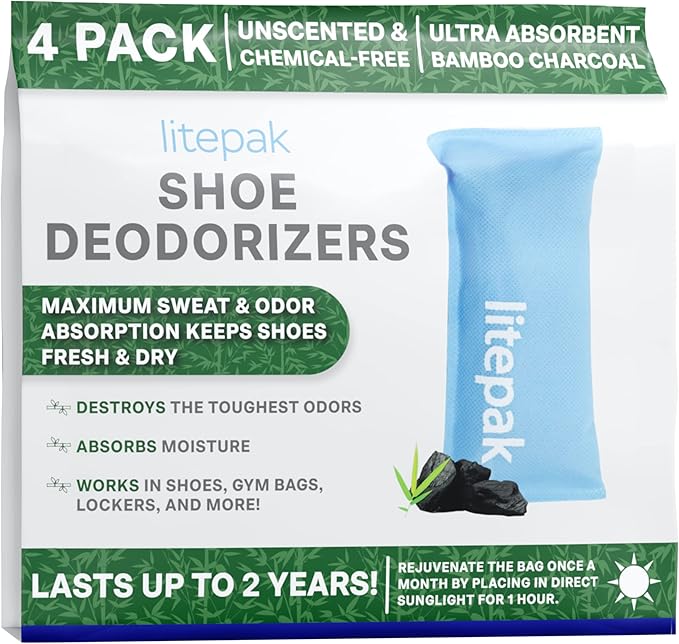 Litepak Shoe Deodorizer and Odor Eliminator Activated Charcoal Odor Absorber for Shoes and Gym Bags, Natural Bamboo Air Freshener for Boots, Closet Or Car (4 Pack)