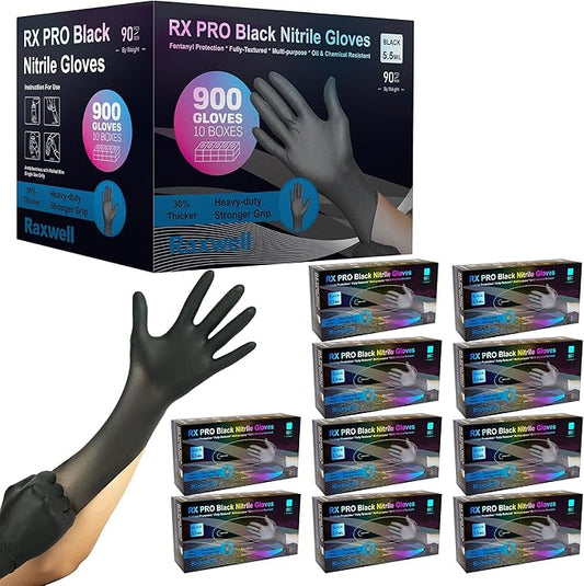 Raxwell Heavy Duty Disposable Gloves Latex Free | 5.5 Mil Black Nitrile Gloves | Powder Free Chemical Resistant Gloves