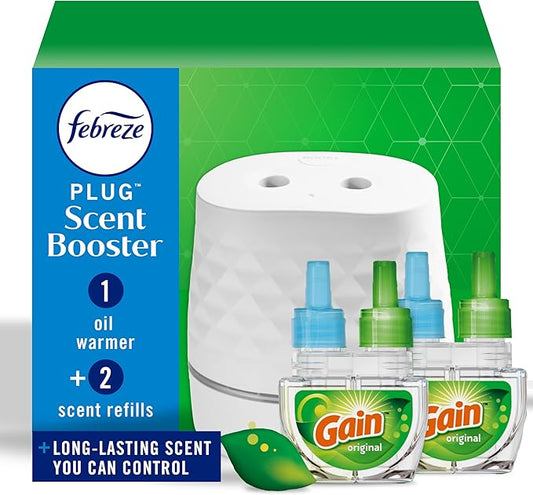 Febreze Plug Scent Booster Starter Kit, Oil Diffuser, Air Freshener Plug in, Continuous Scent Device + 2 Gain Original Refills