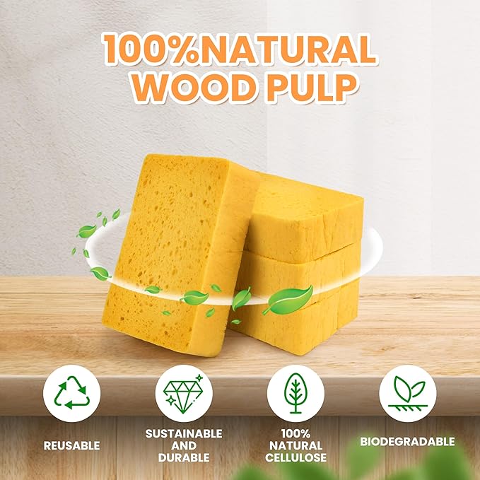 8-Count Pop Up Cellulose Sponges | Non-Scratch Eco-Friendly Kitchen Sponges for Dishes, Bathroom, Cars | Tear-Resistant Natural Scrub Sponges | Biodegradable Compostable Cellulose