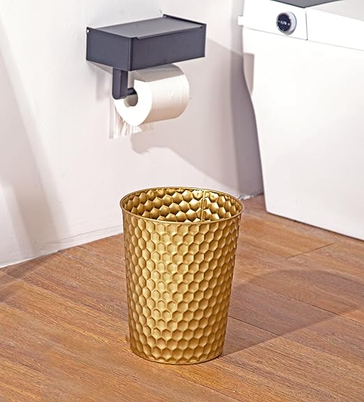 Small Metal Trash Can Wastebasket, Decorative Honeycomb Garbage Can Waste Basket, Modern Farmhouse Round Trash Bin for Bathroom, Bedroom, Kitchen and Office (Gold)