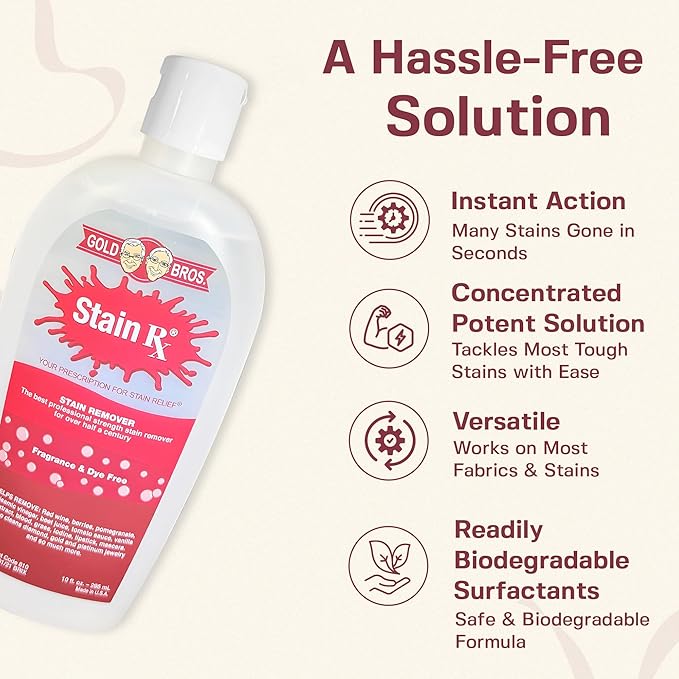 Stain Remover, Effectively Eliminates Stains from Wine, Berries & Blood on Fabrics, Carpets, Upholstery & Jewelry, Dye-Free, Free from Bleach, Peroxides & Phosphates, Made in USA, 10 oz