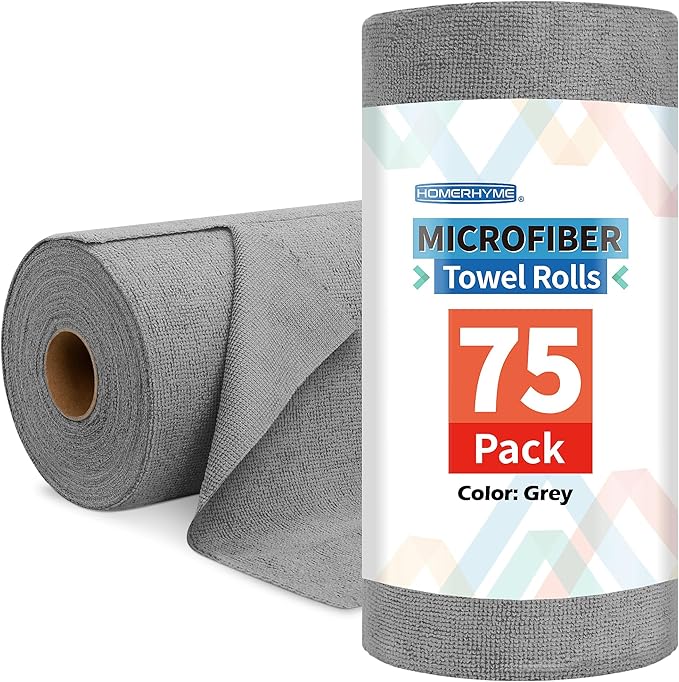 HOMERHYME Microfiber Cleaning Cloth Roll, 75 Pack Tear Away Microfiber Towels, Reusable Washable Shop Towels, Lint Free Cleaning Rags for Car, Home, Garage & Workshop 11.5"x11.5" Grey