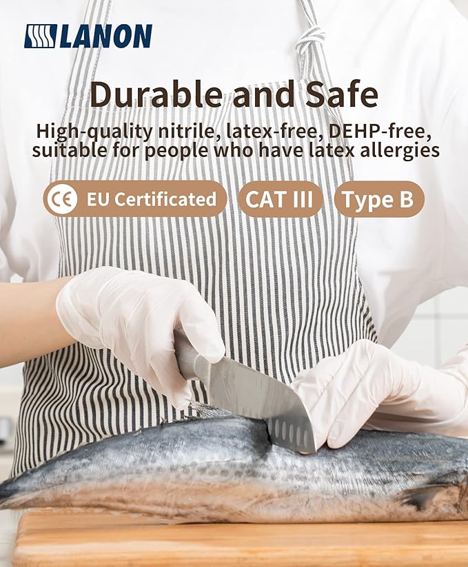 LANON Food Safe White Disposable Nitrile Gloves, Latex-Free, Powder-Free, Textured Fingertips, Cooking, Cleaning, Case, Large