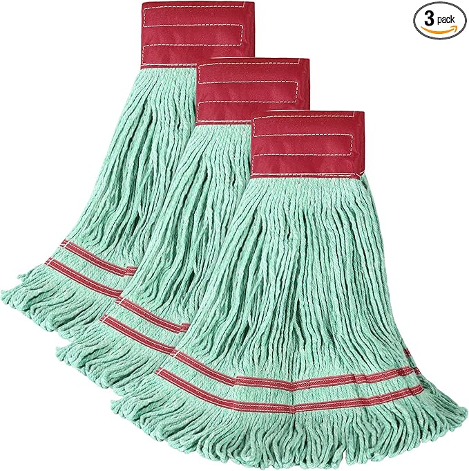 ONESIMUS 30 oz Pack of 3 Cleaning Heavy Duty Industrial Commercial Grade Looped-End Mop Head Replacement,6'' Headband Cotton String Wet Mop Head Refills,Machine Washable Green Mop