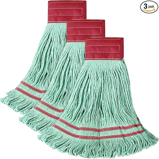 ONESIMUS 30 oz Pack of 3 Cleaning Heavy Duty Industrial Commercial Grade Looped-End Mop Head Replacement,6'' Headband Cotton String Wet Mop Head Refills,Machine Washable Green Mop