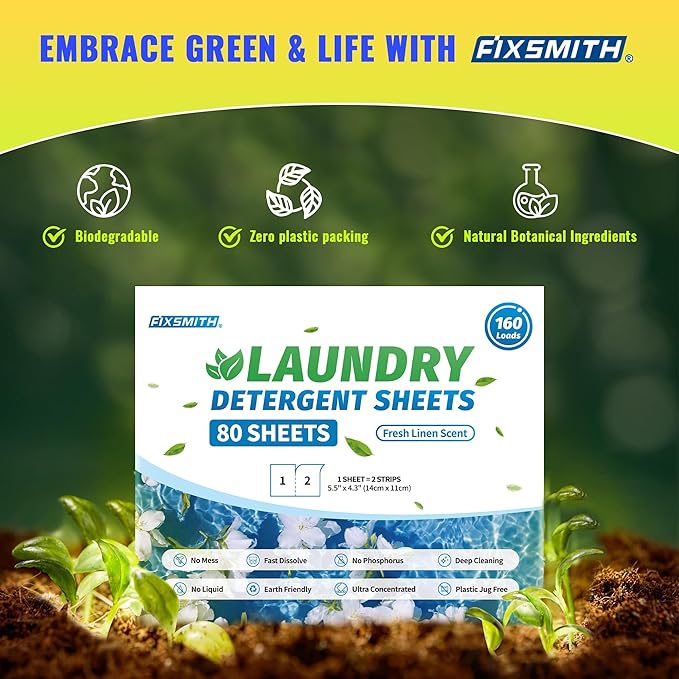 FIXSMITH Laundry Detergent Sheets - 160 Loads (80 Sheets) Fresh Linen Scent - Hypoallergenic,Eco Friendly Laundry Detergent Strips Ultra-Concentrated Travel Detergent Sheets.Plastic-Free,Liquidless.