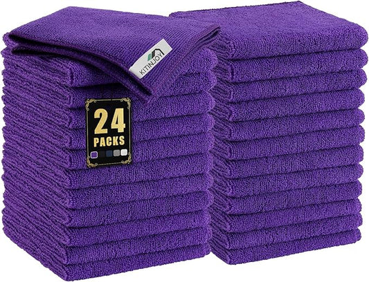 Kitinjoy 24 Pack Microfiber Cleaning Cloth(12 x 12 Inches, Purple), Ultra Soft and Absorbent Cleaning Rags, Reusable and Non-Linting dust Removal Cleaning Cloths for Car, House, Kitchen