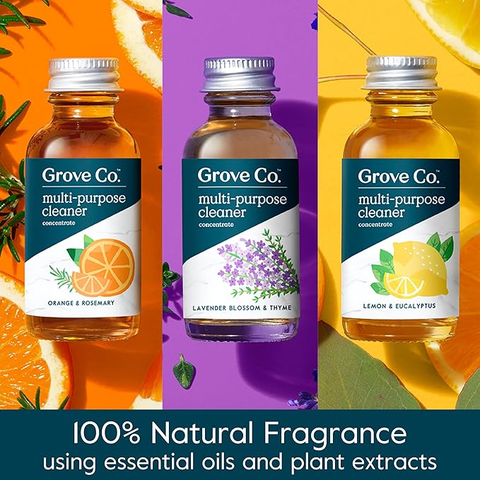 Grove Co. Multi-Purpose Cleaner, Refill Concentrate (6 x 1 Fl Oz) Plant-based Household Cleaning Supplies, Ammonia & Chlorine Free, No Plastic Waste, 3 Scent Variety Pack, Total 3 x 2 Pack Refills