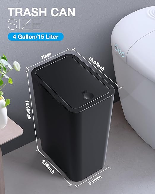 Bathroom Trash Can with Lid, 2 Pack 4 Gallons/15 Liters Garbage Can with Pop-Up Lid, Small Plastic Trash Can, Slim Trash Bin Waste Basket for Bathroom, Bedroom, Office, Living Room(Black)