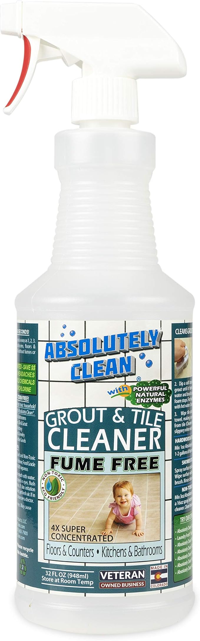 Absolutely Clean FAST GROUT CLEANER! - Professional Strength, Natural Enzyme Formula - Fast Acting, Fume Free - USA Made (32oz Cleans Up To 500 sq ft)