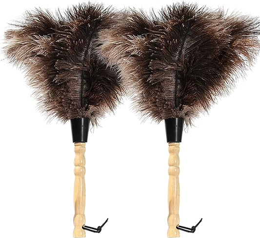 Ostrich Feather Duster 14 inch Feather Duster Fluffy Natural Genuine Ostrich Feathers with Wooden Handle and Eco-Friendly Reusable Handheld Ostrich Feather Duster for Cleaning Supplies