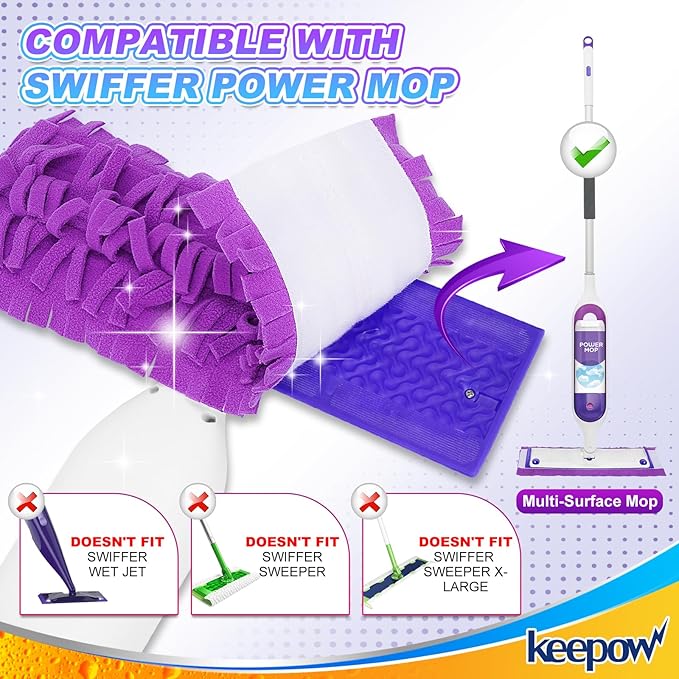 KEEPOW Reusable Mop Pads for Swiffer Power Mop, Pads Refills for Swiffer Power Mop Multi-Surface Mop Kit and Wood Mop Deep Cleaning and Mopping (4 Pack)