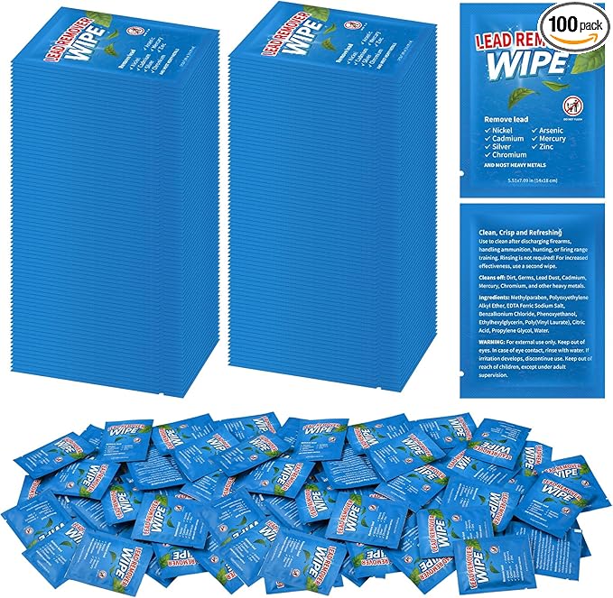 100 Pack Lead Remover Wipes for Shooting Hand & Surface Cleaning Wipes Effectively Removes Lead, Dust, Oil & Grime Individually Wrapped Wipe for Shooting Ranges, Hunting, Industrial Use