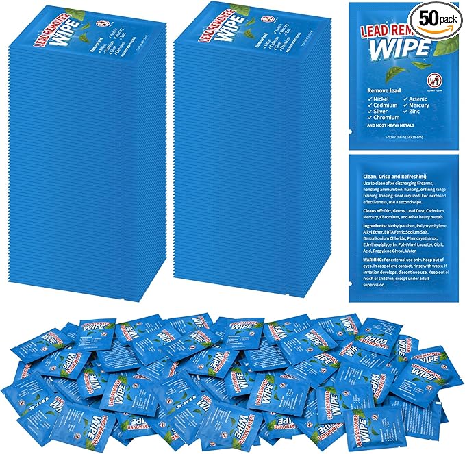 50 Pack Lead Remover Wipes for Shooting Hand & Surface Cleaning Wipes Effectively Removes Lead, Dust, Oil & Grime Individually Wrapped Wipe for Shooting Ranges, Hunting, Industrial Use