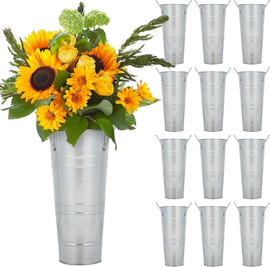 12 Pack 9" Tall Galvanized Metal Flower Vase, French Bucket Vases with Handles, Floral Buckets for Outdoor/Indoor, Rustic Tiny Flower Buckets for Home Decor Wedding Table Centerpiece Farmhouse