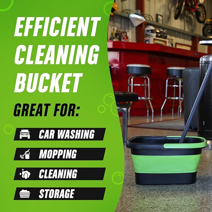 Grip Clean Collapsible Bucket - 5 Gallon Foldable Cleaning Bucket with Ribbed Bottom - Durable Car Wash Bucket for Household Chores, Camping, and Outdoor - Green