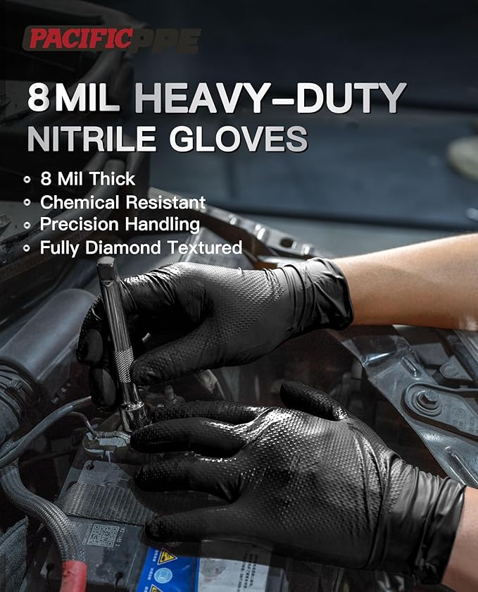 PACIFIC PPE 8 Mil Heavy Duty Black Nitrile Gloves, Food Safe, Latex Free, Mechanic, Fully-Diamond Textured Grip Industrial Disposable Gloves, Medium