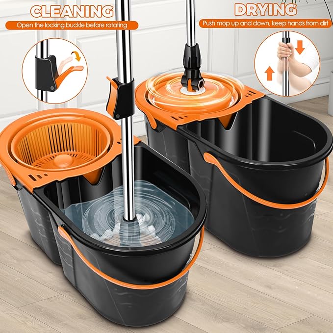 Spin Mop and Bucket with Wringer Set, Double Bucket Separate Dirty Water, 360° Spinning Mop System with 3 Microfiber Mop Heads, Clean Water Mop Set for Floor Cleaning