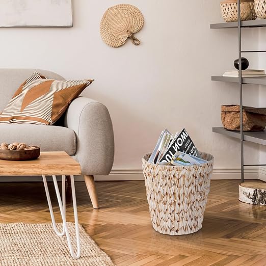 Boho Wicker Trash Can with Lid,Waterproof Bathroom Trash Can Hand Woven Wicker Waste Baskets for Kitchen Office Bedroom