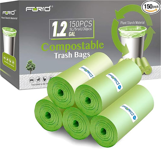 Compostable Trash Bags - FORID 1.2 Gallon Small Garbage Bags 150 Count Mini Strong Trash Can Liners 5 Liter Unscented Wastebasket Bags for Kitchen Bathroom Office Home Garbage Can (5 Rolls/Green)