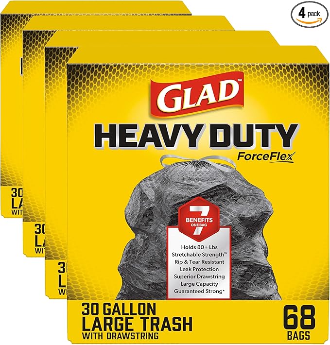 Glad ForceFlex Trash Bags 30 Gallon | Black | LeakGuard Protection | Stretchable Strength | 68 Count, Pack of 4