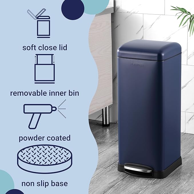 happimess HPM1007H Betty Retro 8-Gallon Step-Open Trash Can, Fingerprint Resistant, Modern, Minimalistic for Home, Kitchen, Laundry Room, Office, Bedroom, Bathroom, Denim Blue