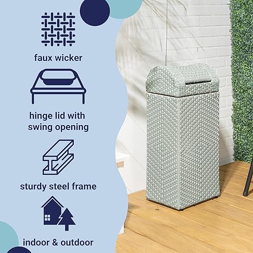 happimess HPM1201C Darla 14.27-Gallon All-Weather Wicker/Metal Swing Top Hideaway Outdoor Trash Can, Mint Blue/White, Classic, Coastal, Casual Wastebin for Backyard, Patio, Porch, Kitchen