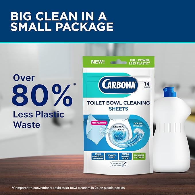 Carbona Toilet Bowl Sheets – Ocean Breeze Scent – Powerful Toilet Bowl Cleaner – 14 Sheets – Less Plastic Waste